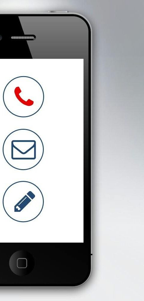 Smartphone showing communication icons for call, email, and messaging on screen.