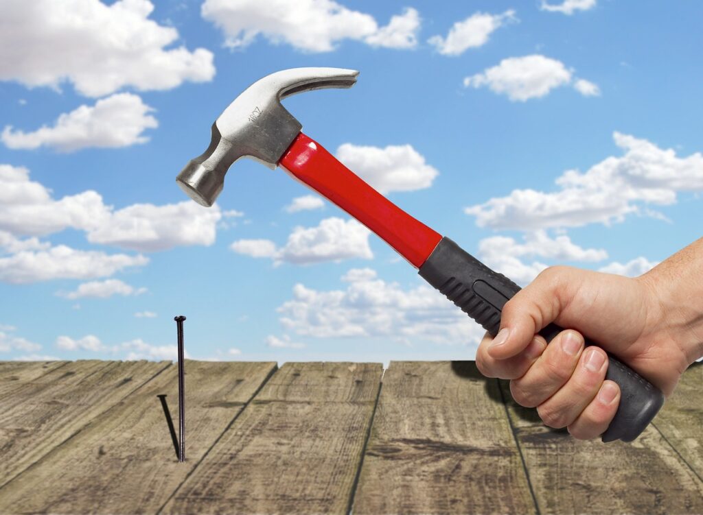 hammer, nail, construction, carpenter, tool, nails, diy, work, build, wood, repair, carpentry, builder, handyman, craft, nature, hand, sky